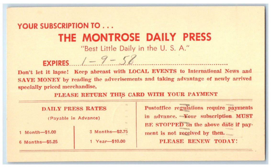 1958 Your Subscription To The Montrose Daily Press Colorado CO Postal Card