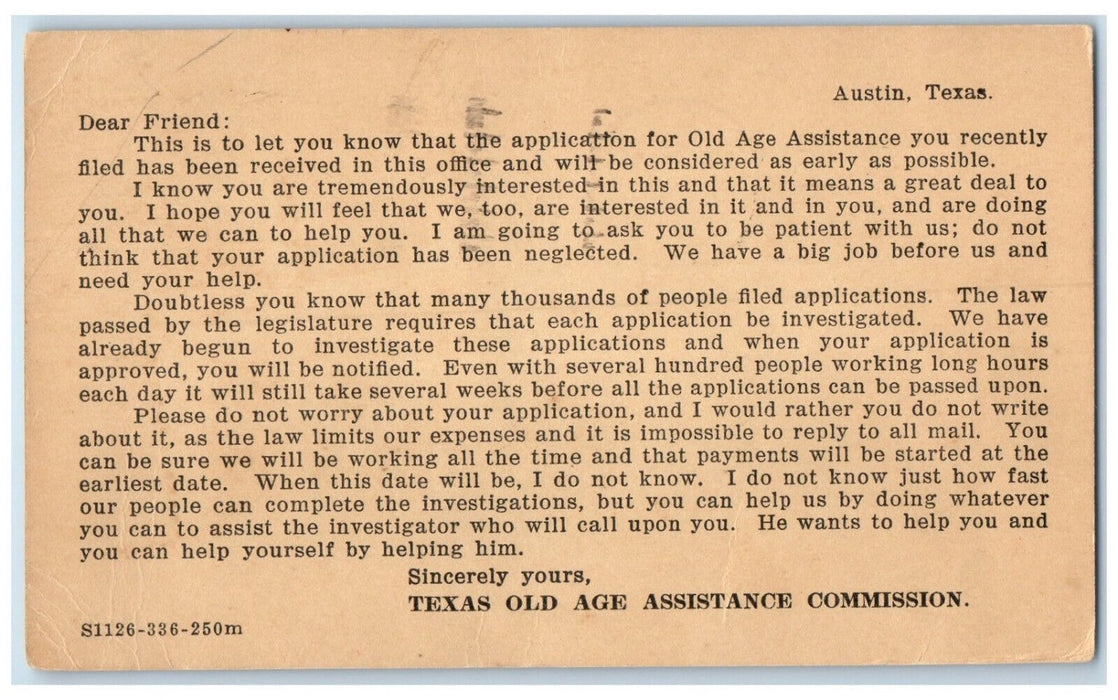 1936 Texas Old Age Assistance Commission Austin Texas TX Postal Card