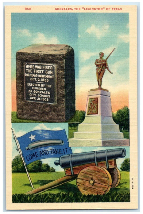 c1940 Gonzales Mexican San Antonio Loaned Statue Cannon Lexington Texas Postcard