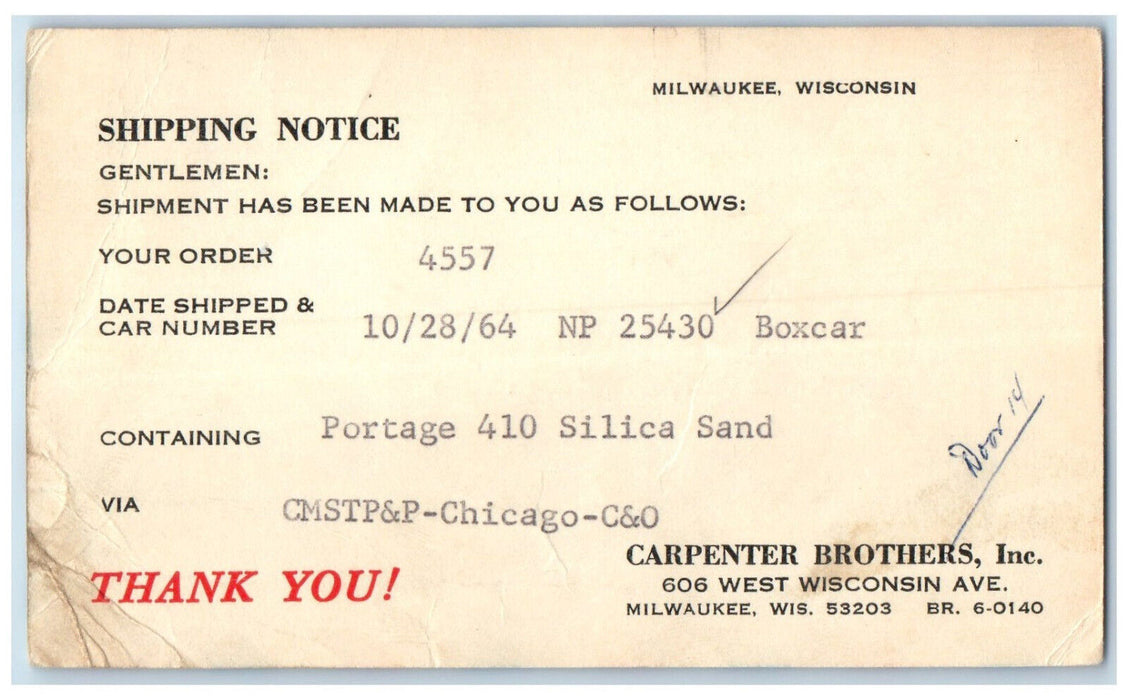 1964 Shipping Notice Carpenter Brothers Inc. Milwaukee Wisconsin WI Postal Card