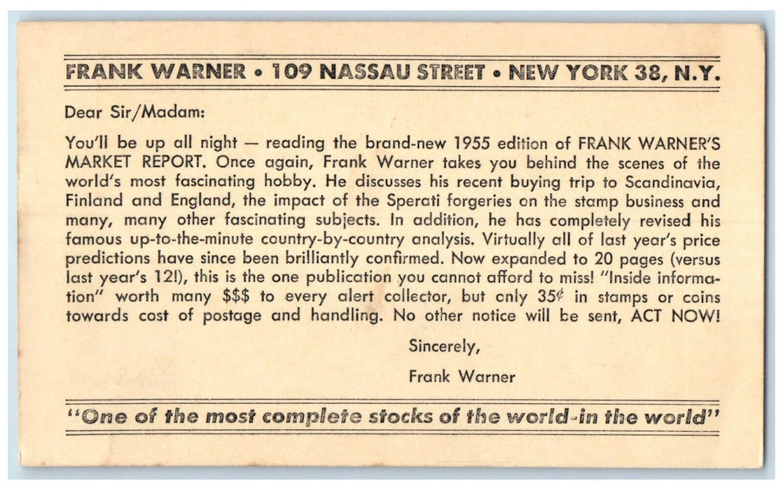 1954 Frank Warner  Postal Card109 Nassau Street New York NY Vintage Postal Card