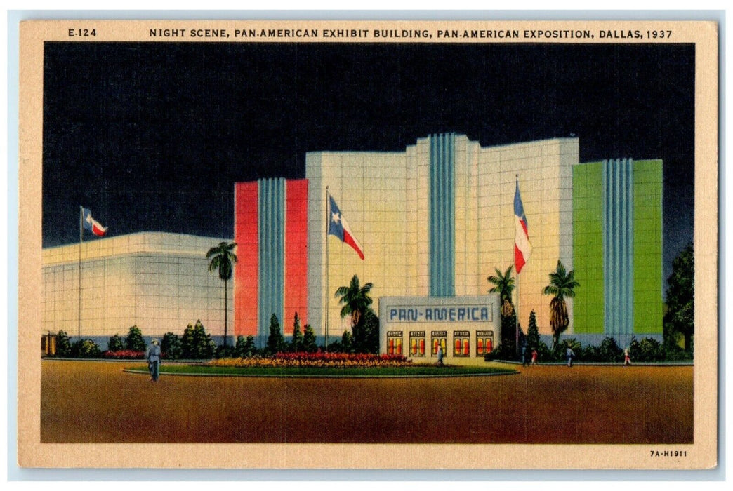 1937 Night Scene Pan-American Exhibit Building Pan-American Exposition Postcard