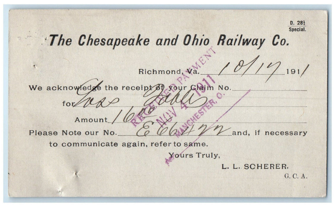 1911 The Chesapeake and Ohio Railway Co. Richmond Virginia VA Postal Card