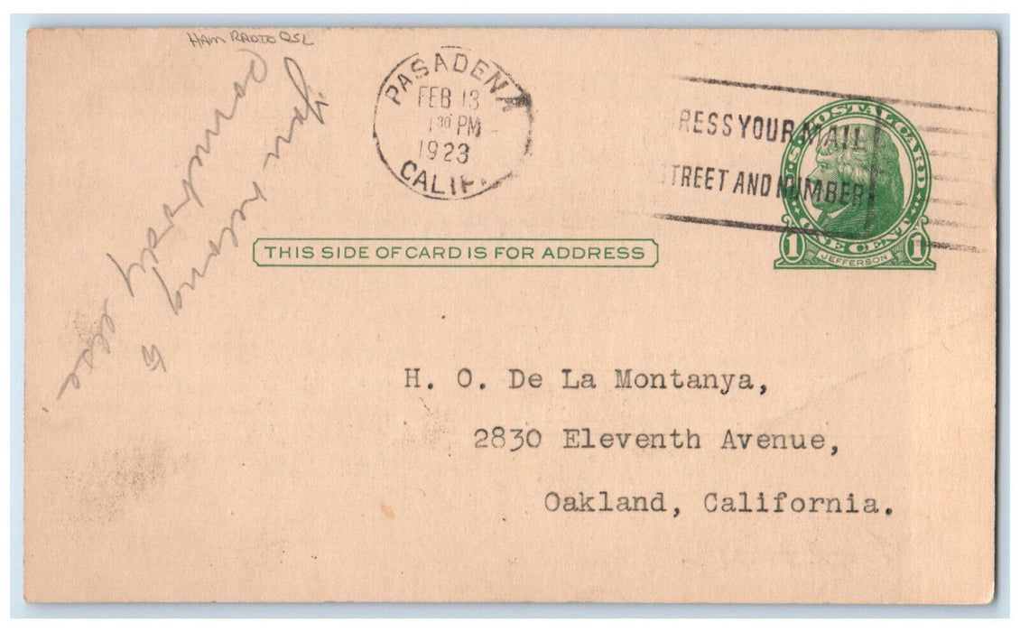 1923 Ham Radio QSL Radio 60D South Pasadena California CA Posted Postal Card