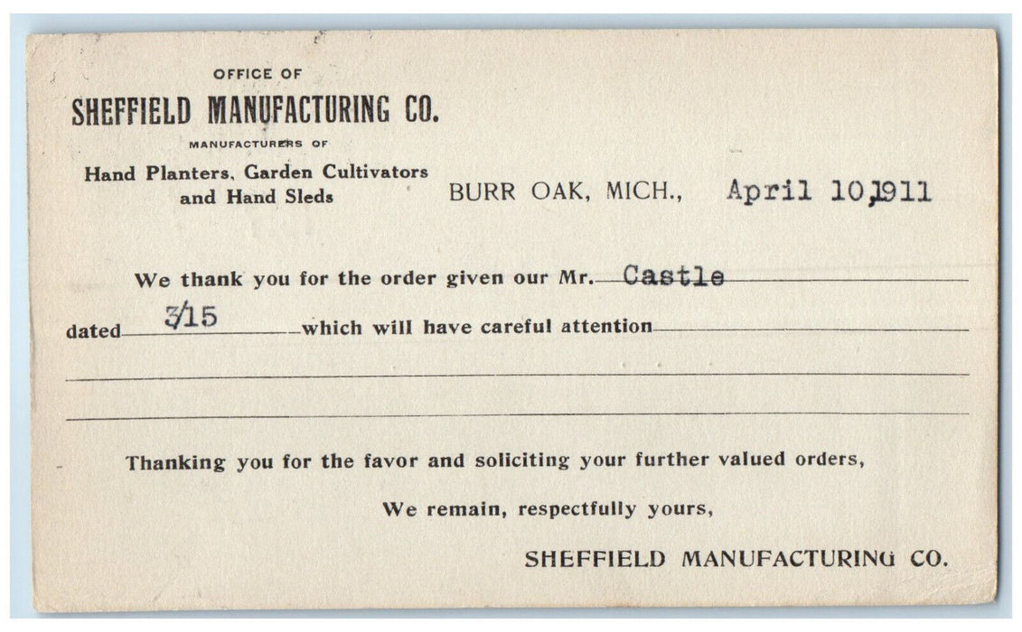 1911 Sheffield Manufacturing Co. Burr Oak Michigan MI Antique Postal Card