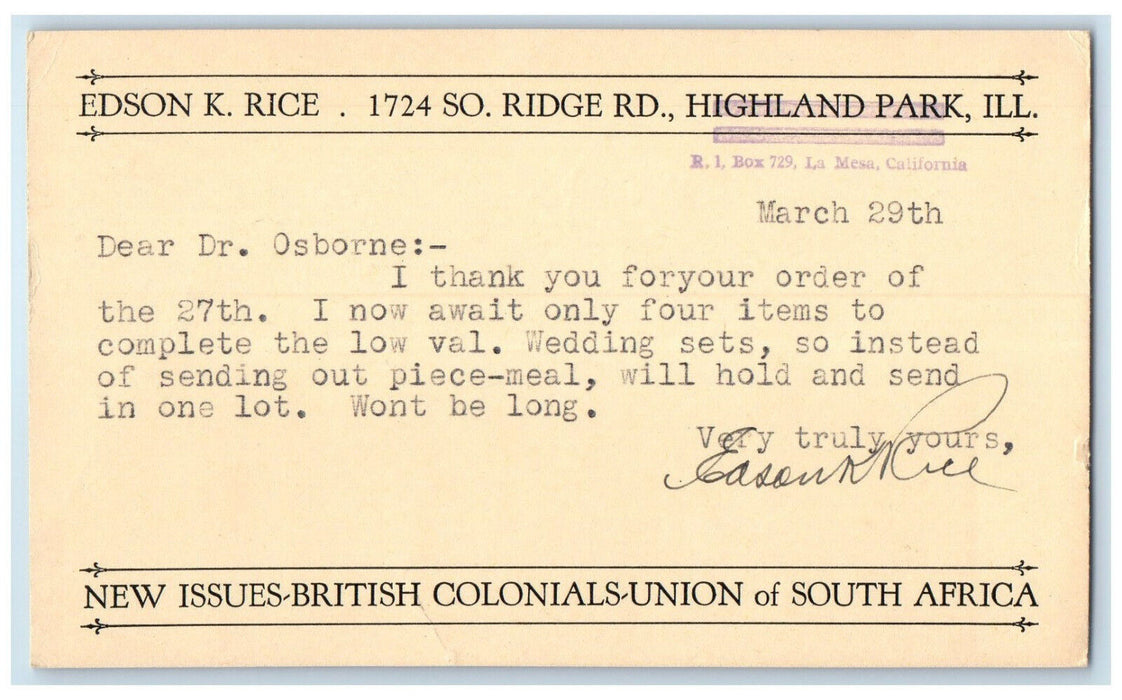 1949 Wedding Sets Edson K Rice Highland Park Illinois IL Posted Postal Card