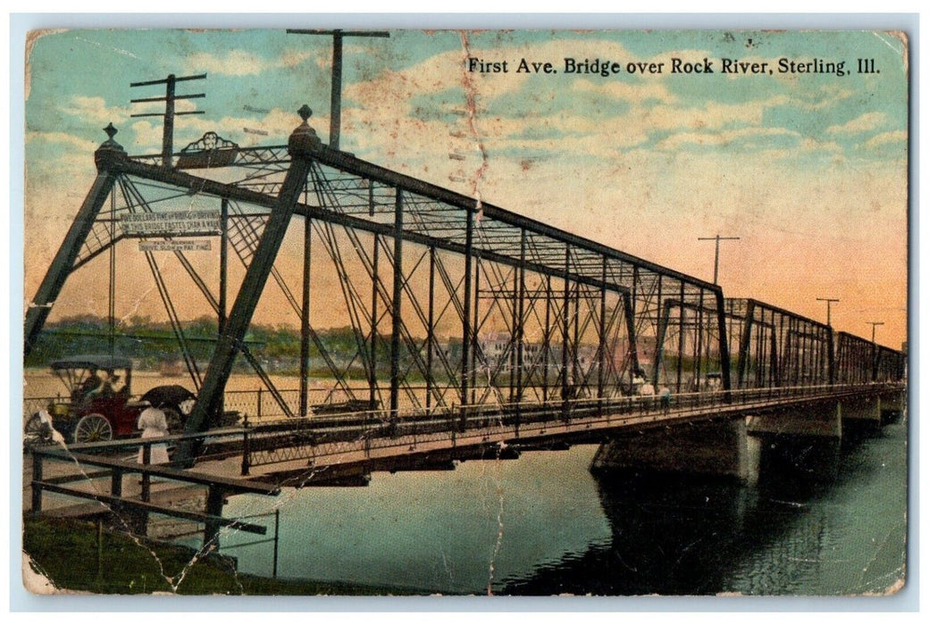 1919 First Ave. Bridge Over Rock River Sterling Illinois IL Antique Postcard