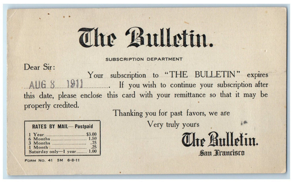 1911 Subscription to The Bulletin San Francisco California Antique Postal Card
