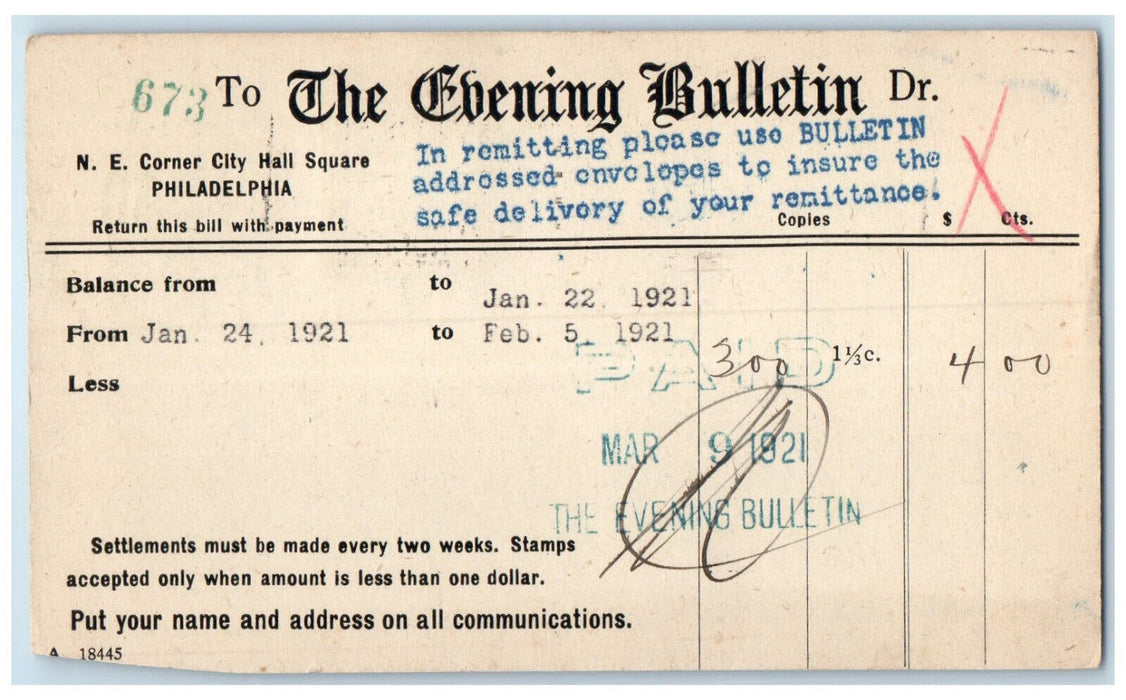 1921 The Evening Bulletin Dr. Philadelphia Pennsylvania PA Posted Postal Card