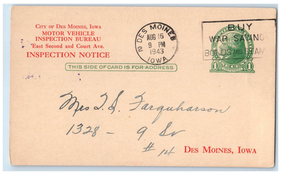 1943 Motor Vehicle Inspection Notice Des Moines Iowa IA Posted Postal Card