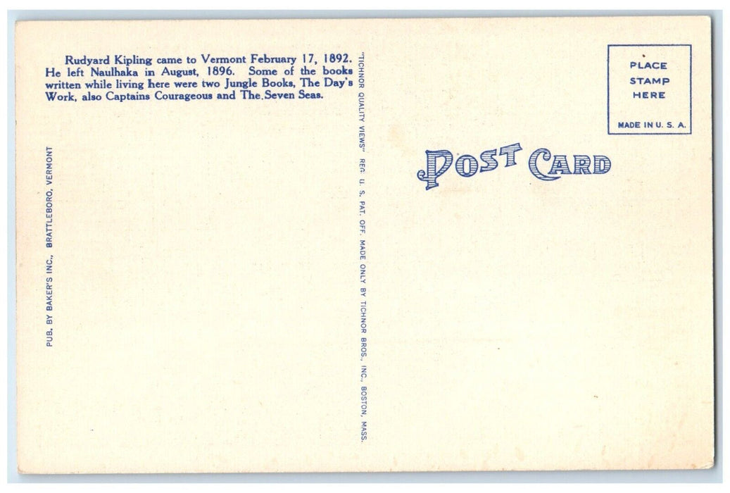 c1940 Naulhaka Former Home Rudyard Kipling Exterior Brattleboro Vermont Postcard
