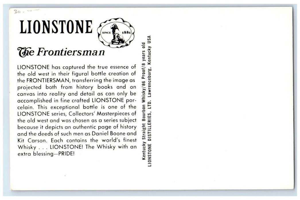 Lionstone Distilleries Ltd Bourbon Whiskey Frontiersman Lawrenceburg KY Postcard
