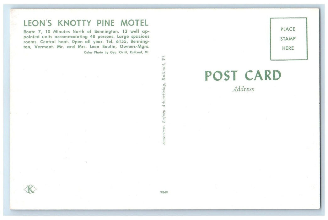 c1960 Leon's Knotty Pine Motel Exterior Bennington Vermont VT Vintage Postcard
