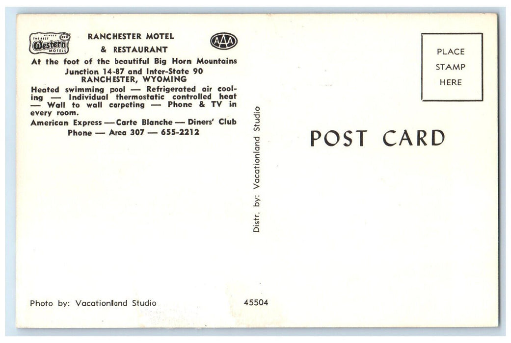 c1960 Ranchester Motel Big Horn Mountains Junction Restaurant Wyoming Postcard