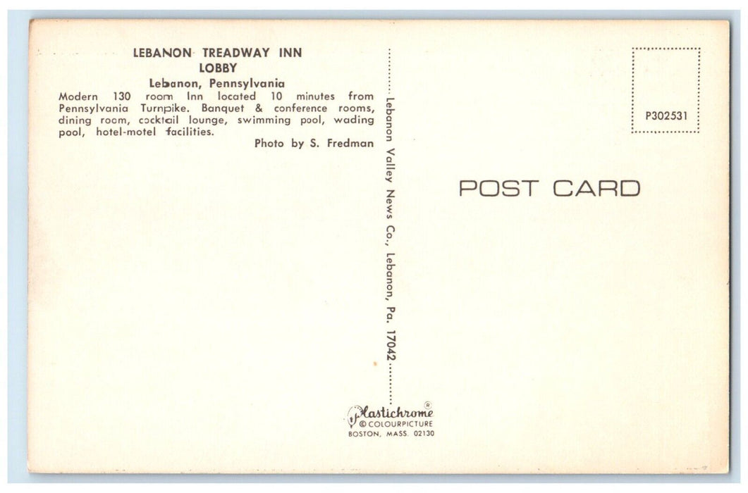 c1960 Lebanon Treadway Inn Lobby Turnpike Lounge Lebanon Pennsylvania Postcard