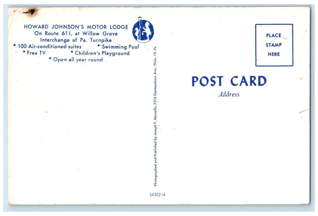 c1960 Howard Johnson's Motor Lodge Willow Grove Pennsylvania PA Vintage Postcard