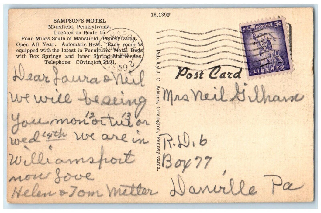 1959 Sampson's Motel Route Covington Mansfield Pennsylvania PA Vintage Postcard