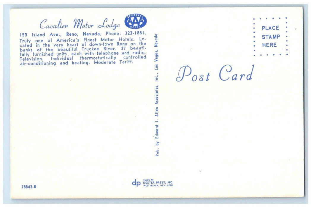 c1960 Cavalier Motor Lodge Island Avenue Hotels Exterior Reno Nevada NV Postcard