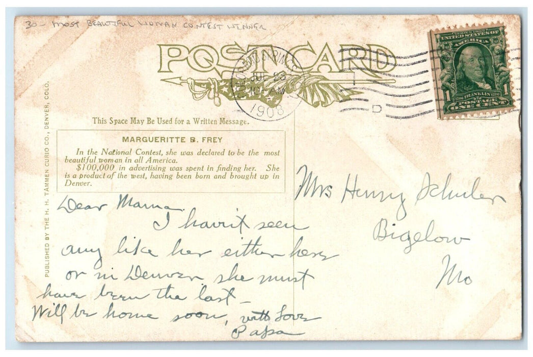 1908 Most Beautiful Woman Contest Winner Colorado Springs CO Antique Postcard