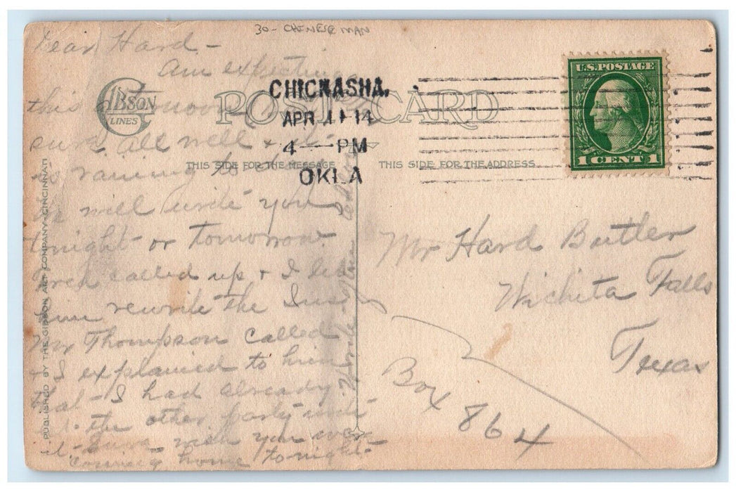 1914 Chinese Man Holding Cards Gibson Chicnasha Oklahoma OK Antique Postcard
