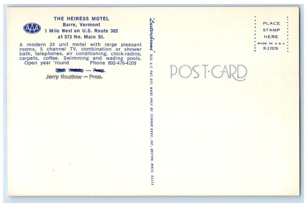 1960 Heiress Motel Room Exterior Building Barre Vermont Vintage Antique Postcard