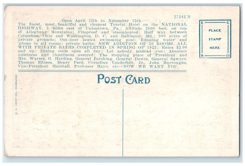 1920 Scene National Highway Summit Hotel Uniontown Pennsylvania Vintage Postcard