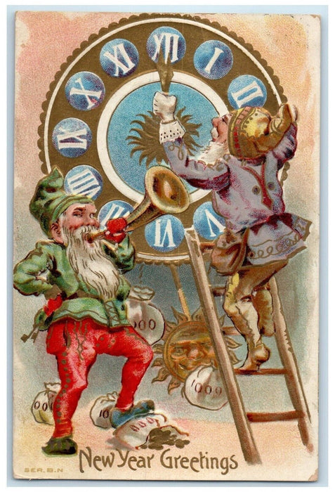 1909 New Year Greetings Elves Gnomes Trumpet Clock Embossed Antique Postcard