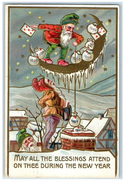 1908 New Year Elves Gnomes Dumping Sack Of Coins In Chimney St Louis MO Postcard