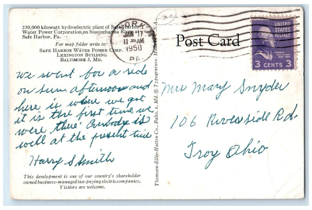 1950 Water Power Corporation Susquehanna River Safe Harbor Pennsylvania Postcard
