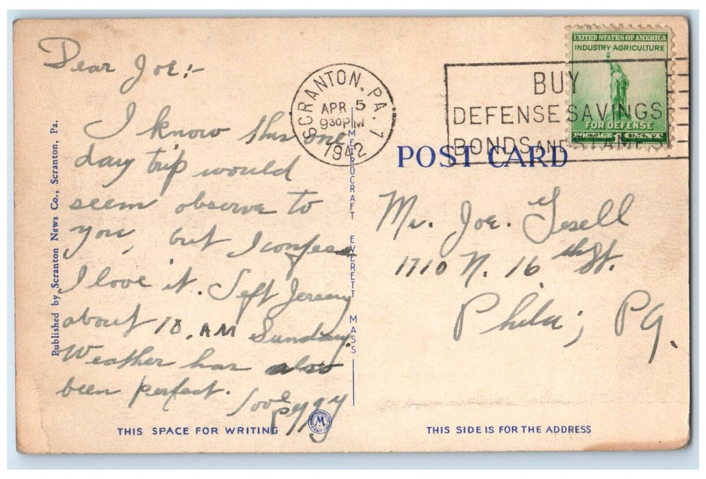 1942 Exterior Albright Library Building Scranton Pennsylvania PA Posted Postcard