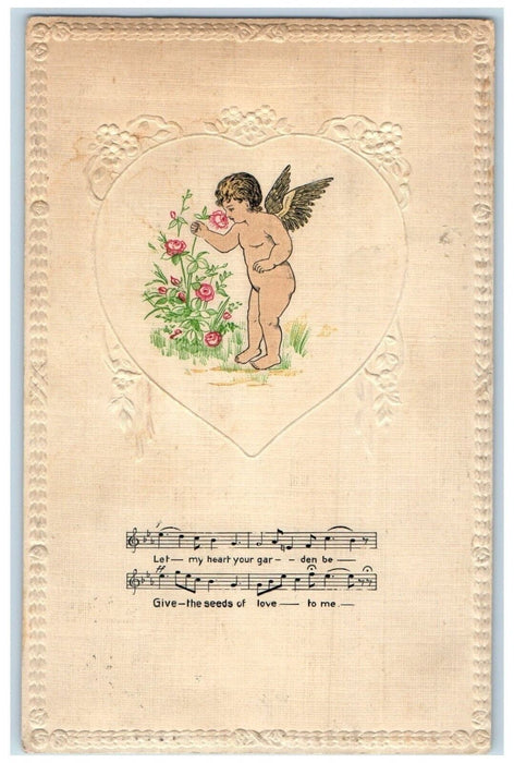 c1910's Valentine Angel Picking Roses Flowers Notes Embossed Antique Postcard