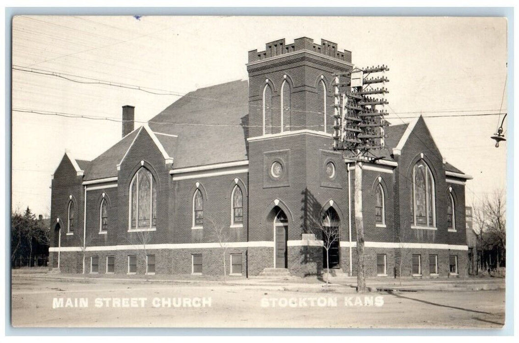 1913 Main Street Church Building View Stockton Kansas KS RPPC Photo Postcard