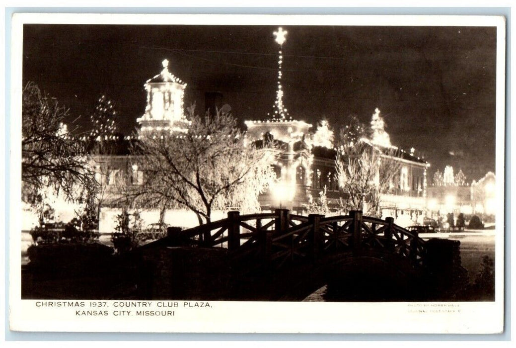 1937 Country Club Plaza Christmas Scene Kansas City MO RPPC Photo Postcard