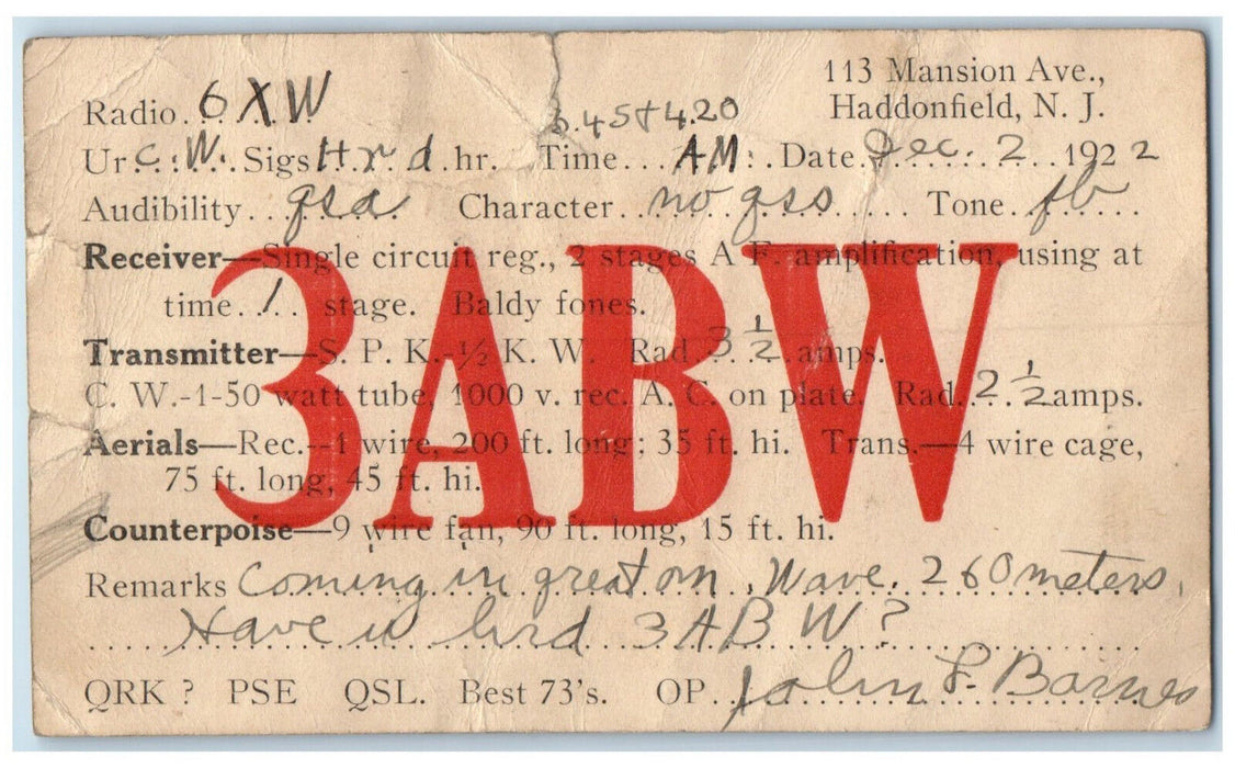 c1920's 3ABW Transmitter Ham Radio QSL Haddonfield New Jersey NJ Postal Card