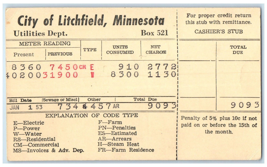 1953 Utilities Dept. City of Litchfield Minnesota MN Revalued $2 Postal Card