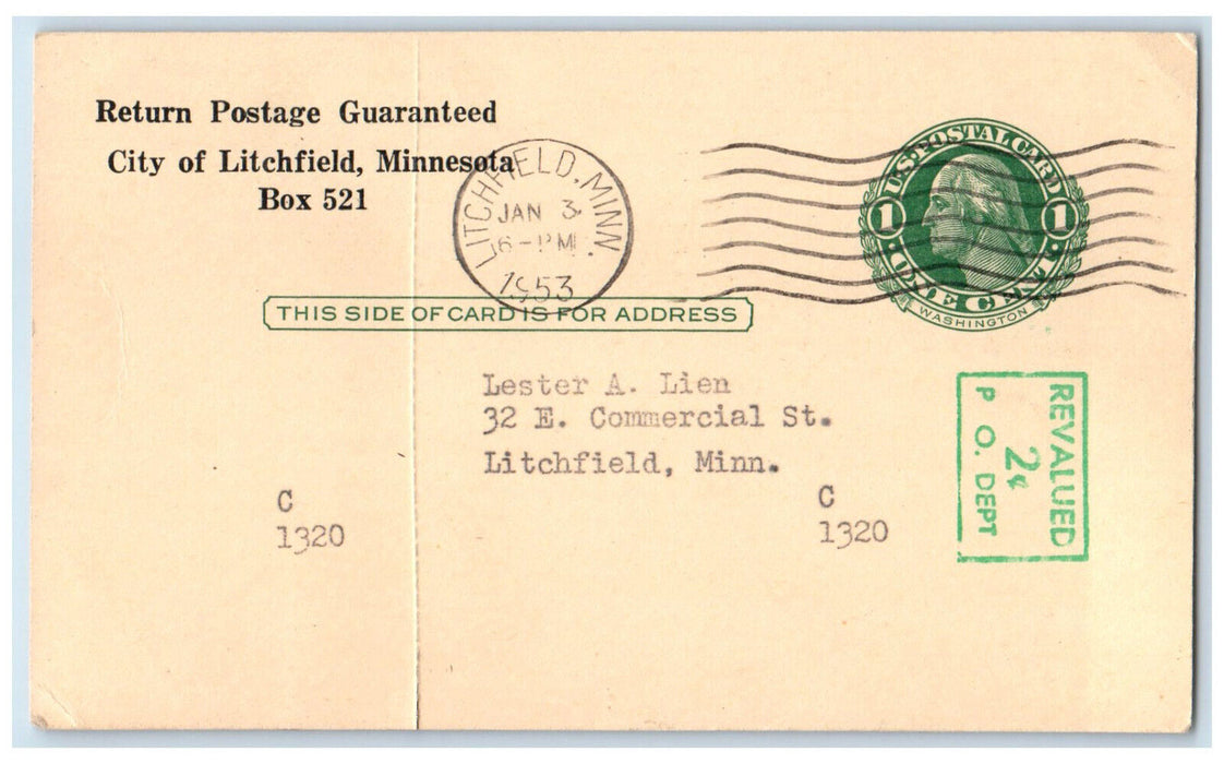 1953 Utilities Dept. City of Litchfield Minnesota MN Revalued $2 Postal Card