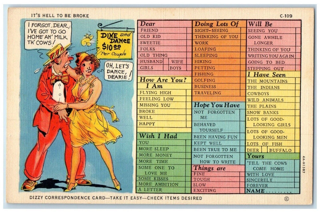 c1930's Couple Dine And Dance Checklist Correspondence Unposted Vintage Postcard