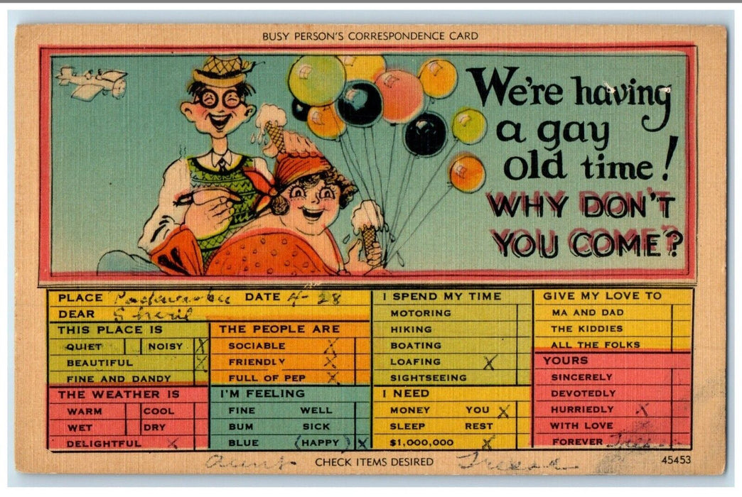 1942 Gay Old Time Balloon Checklist Correspondence Adam Wisconsin Postcard
