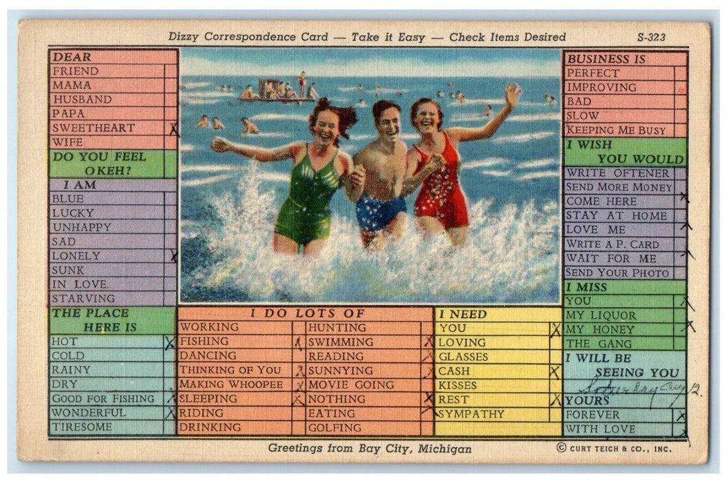 1944 Greetings From Bay City MI, Beach Scene Checklist Correspondence Postcard