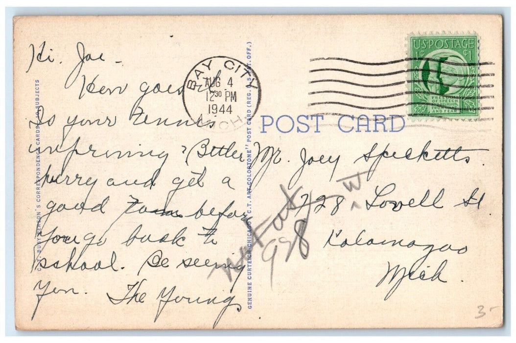 1944 Greetings From Bay City MI, Beach Scene Checklist Correspondence Postcard