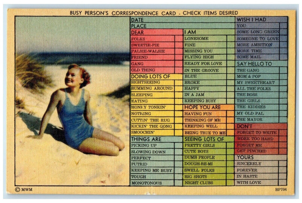 c1930's Pretty Woman At The Beach Checklist Correspondence Antique Postcard