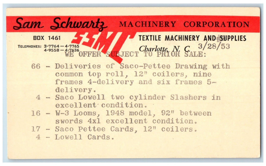 1953 Sam Schwartz Machinery Corporation Charlotte North Carolina NC Postal Card