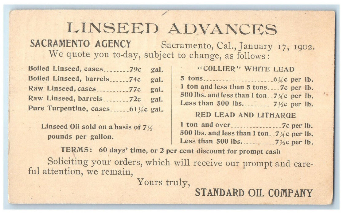 1902 Linseed Advances Standard Oil Company Sacramento California CA Postal Card