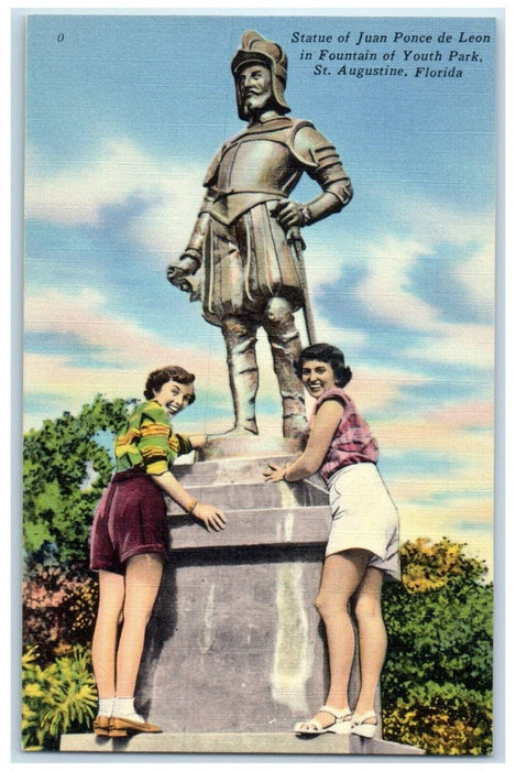 c1940's Statue Of Juan Ponce De Leon Pretty Woman St. Augustine FL Postcard