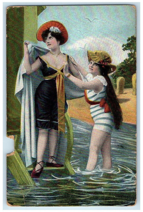c1910's Beach Bathing Pretty Woman Danbury Iowa IA Posted Antique Postcard