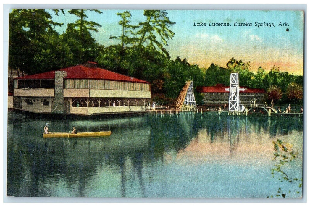 c1930's View Of Lake Lucerne Eureka Springs Arkansas AR, Boat Canoeing Postcard