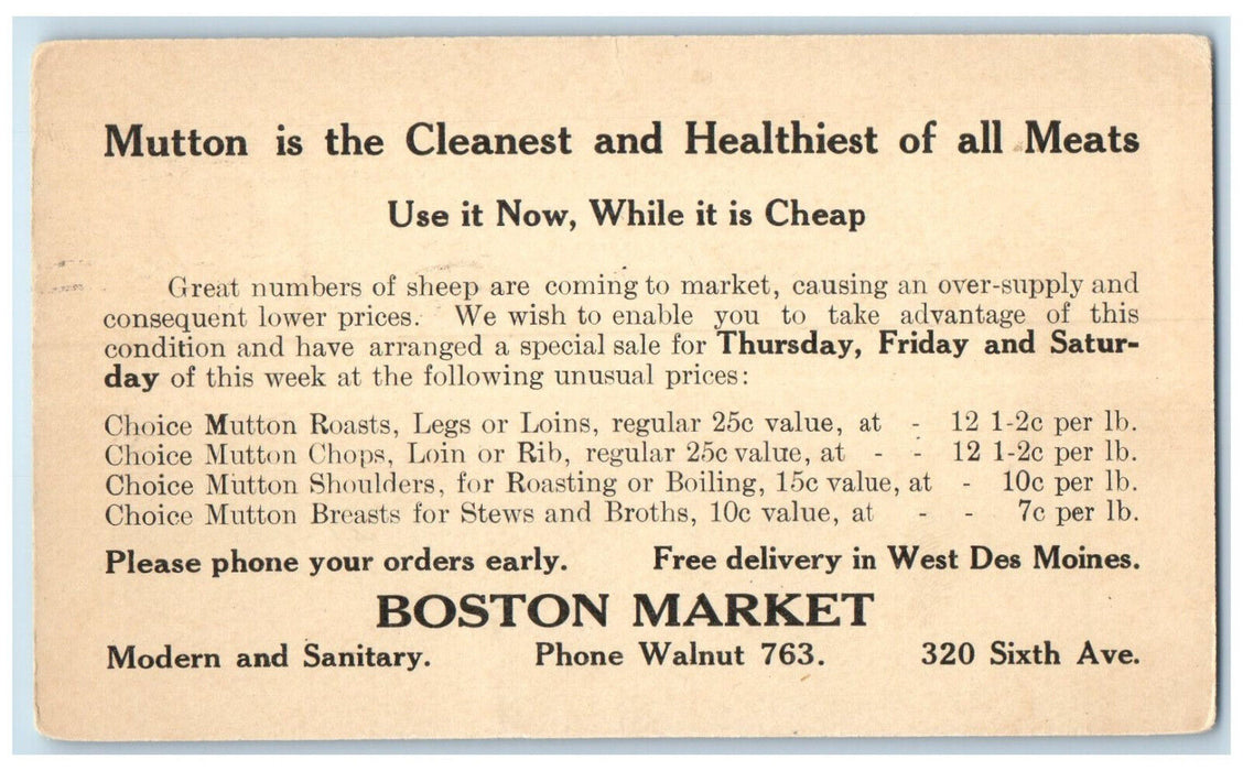 1910 Boston Market Modern & Sanitary Des Moines Iowa IA Antique Postal Card