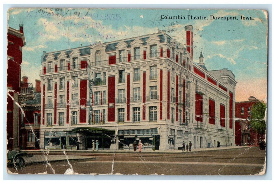 1915 Columbia Theatre Building Street View Davenport Iowa IA Antique Postcard