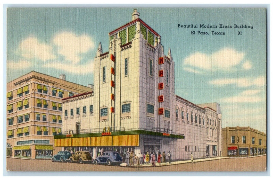 1944 Modern Kress Building Cars Street View El Paso Texas TX Vintage Postcard