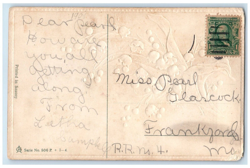c1910's Greeting From Frankford Missouri MO, Flowers Embossed Glitter Postcard